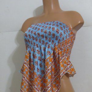 CIDER Satin Crop Top Scarf Blue / Orange Design S